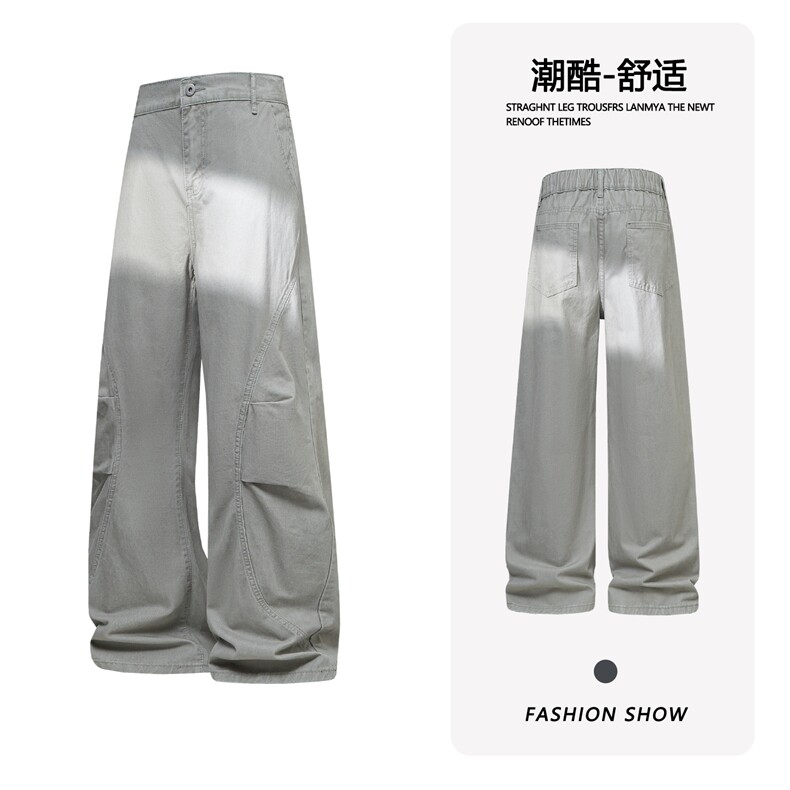 B221美式ins高街斜切宽松休闲洗褪弯刀牛仔裤LK26619-特P50控88,男装牛仔裤,电商B221