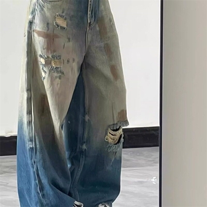 美式复古涂鸦做旧破坏牛仔裤情侣宽松直筒阔腿裤休闲长裤图片