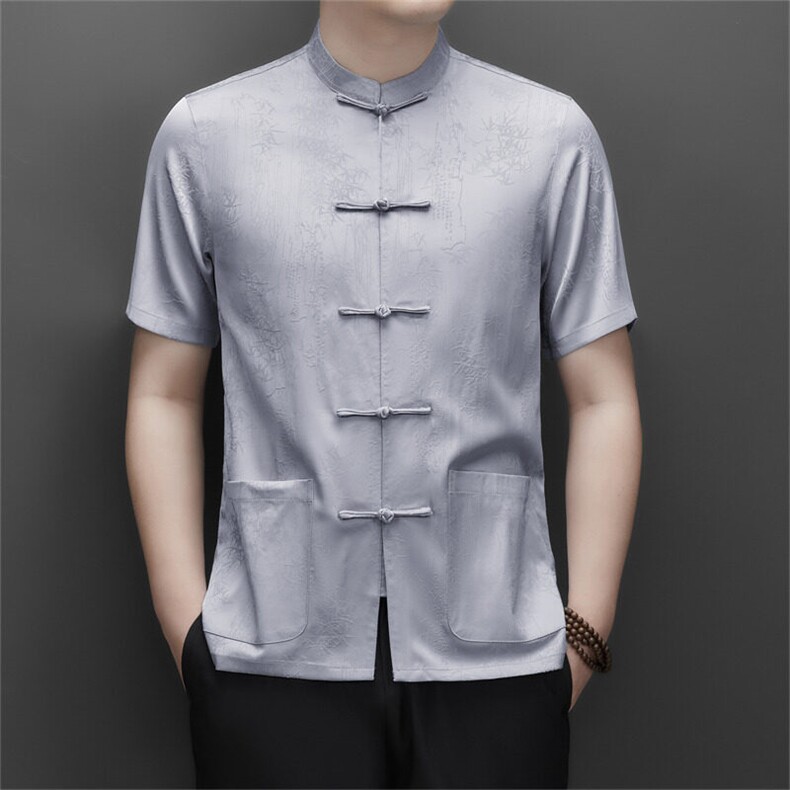 2025夏季风唐装短袖衬衫男装汉服盘扣立领休闲男士衬衣,男装T恤,钱塘6003（原4033）
