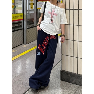 美式复古慵懒垂感阔腿卫裤字母星星印花宽松显瘦休闲裤男女图片