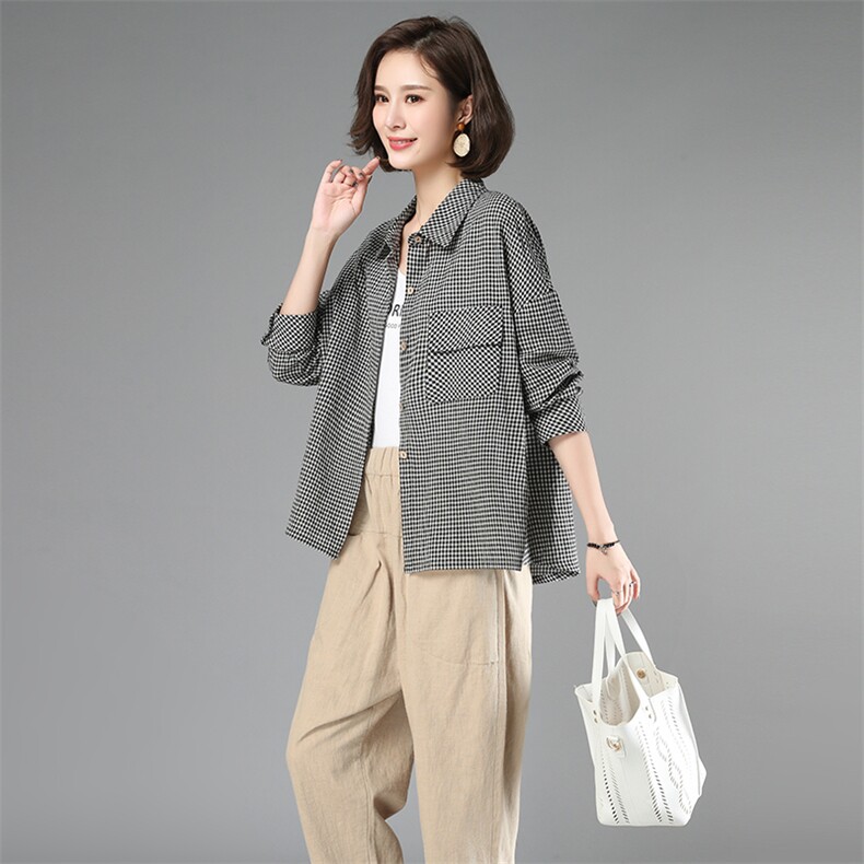 休闲格子衬衫时尚气质2021春季新品,女装衬衫,独衣靓