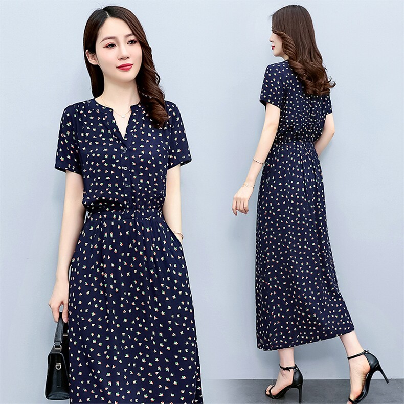 人棉长裙子夏女装V领波点小樱花清新印花松紧腰短袖碎花连衣裙，女装连衣裙，木橙西子