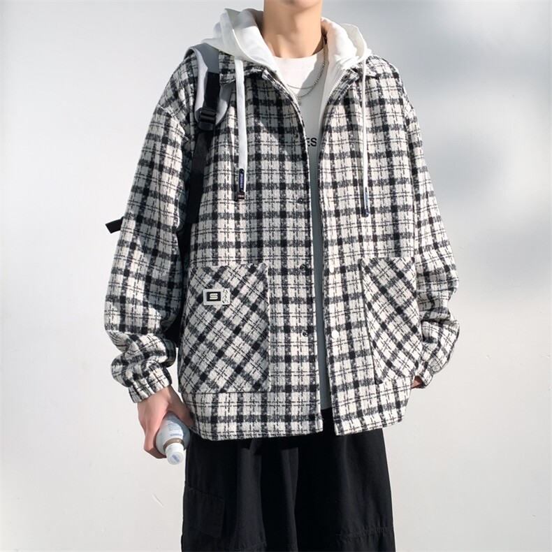 黑白棋盘格连帽冲锋夹克新款宽松防风情侣装外套A406JK6011P90,男装夹克,星座309（原A406）