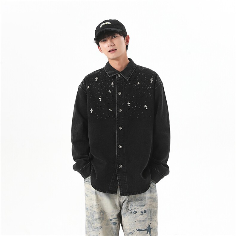 复古重工镶砖牛仔外套男高街宽松水洗衬衫长袖翻领上衣JK1086-P90,男装衬衫,星座1103-3