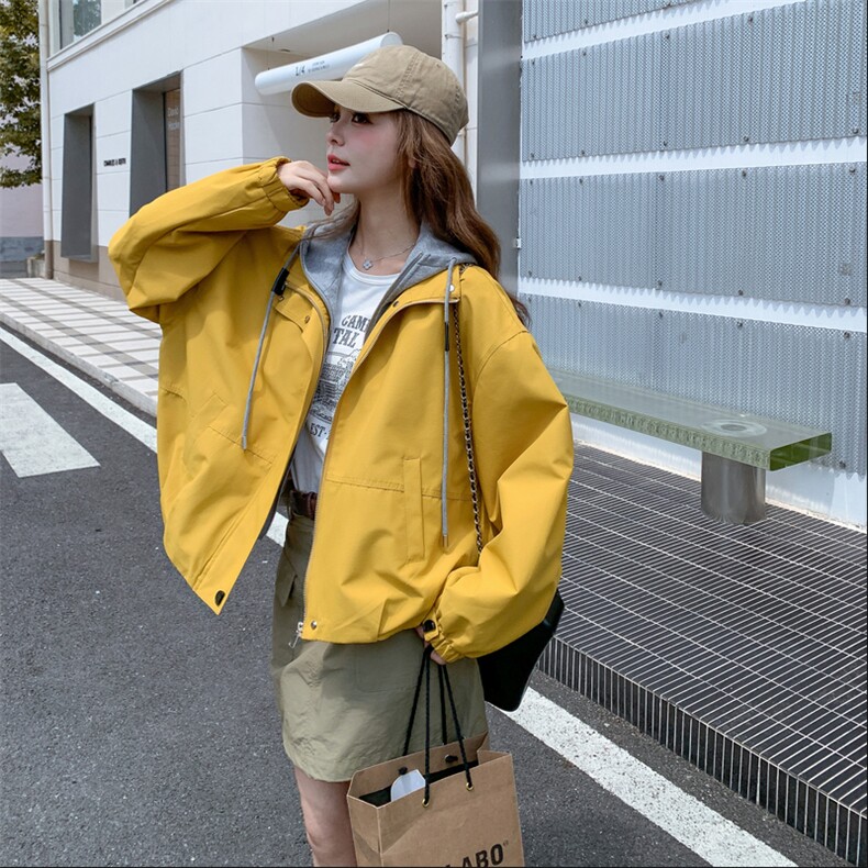 黄色假两件连帽休闲外套女2025春秋新款超好看小个子百搭户外上衣,女装短外套,2C198