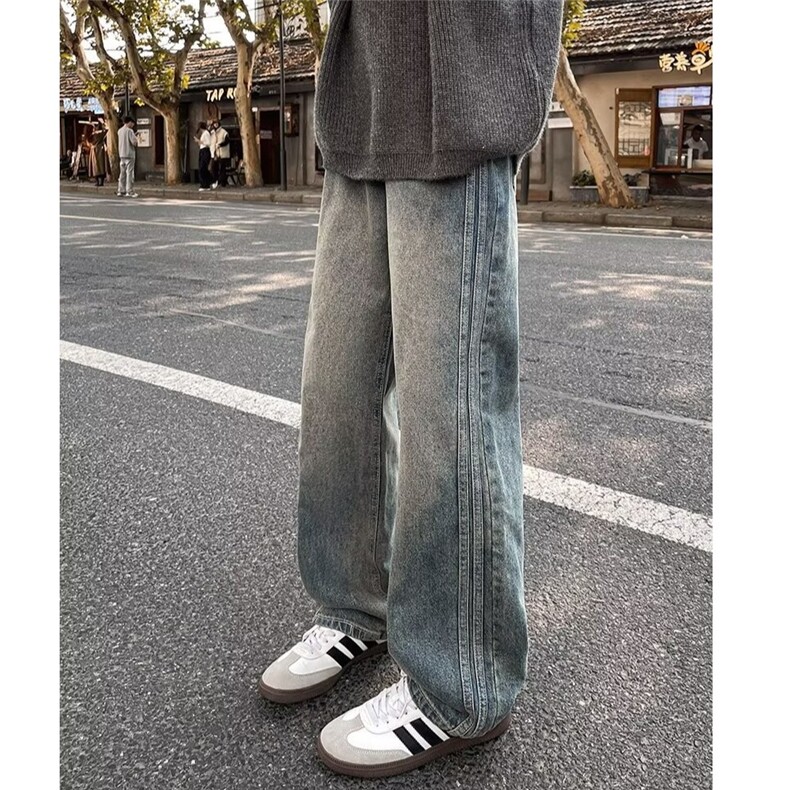 常规直脚潮秋季青少年潮流拉链时尚水洗做旧休闲牛仔裤高腰802图片