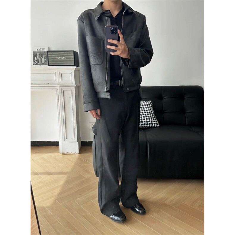 网图现货霜降裂纹PU皮千鸟格内里Cleanfit夹克外套W1397/特P85,男装夹克,电商B350