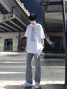 美式hiphop烟灰色毛边修身直筒显瘦牛仔裤痞帅高街图片