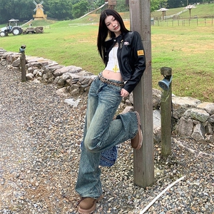 小众美式复古高街黄泥微喇叭裤男高腰直筒水洗做旧牛仔裤图片