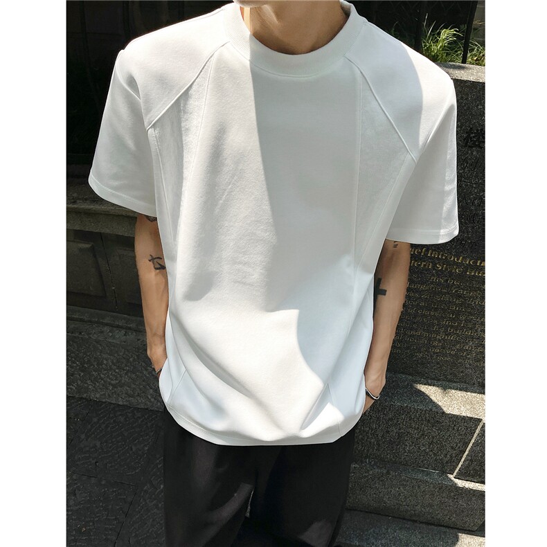 外景重磅正肩美式短袖复古小领螺纹拼接T恤衫男H1078特P20,男装T恤,电商A341