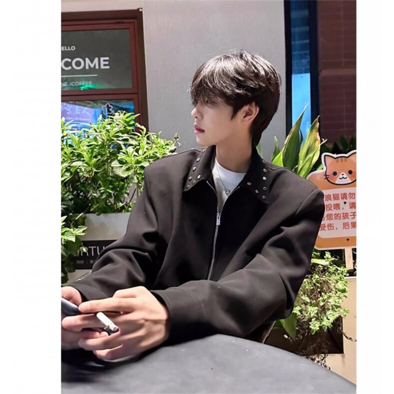 黑色短款垫肩外套男款春秋设计感小众cleanfit高级感美式行政夹克,男装夹克,四季星座505