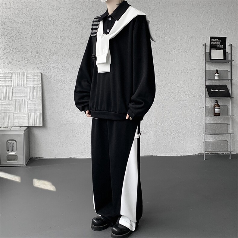 5XL-M潮流高级感披肩撞色拼接翻领百搭卫衣宽松弯刀长裤TZ113P118,男装休闲套装,电商D206-1