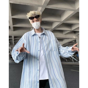 竖条纹长袖衬衫男春秋季美式复古休闲百搭翻领衬衣外套C152-P40图片
