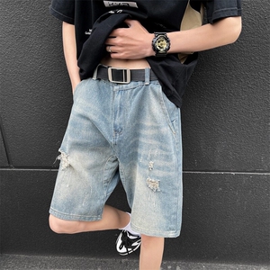 夏季薄款水洗破洞牛仔短裤潮流复古宽松休闲百搭五分裤图片