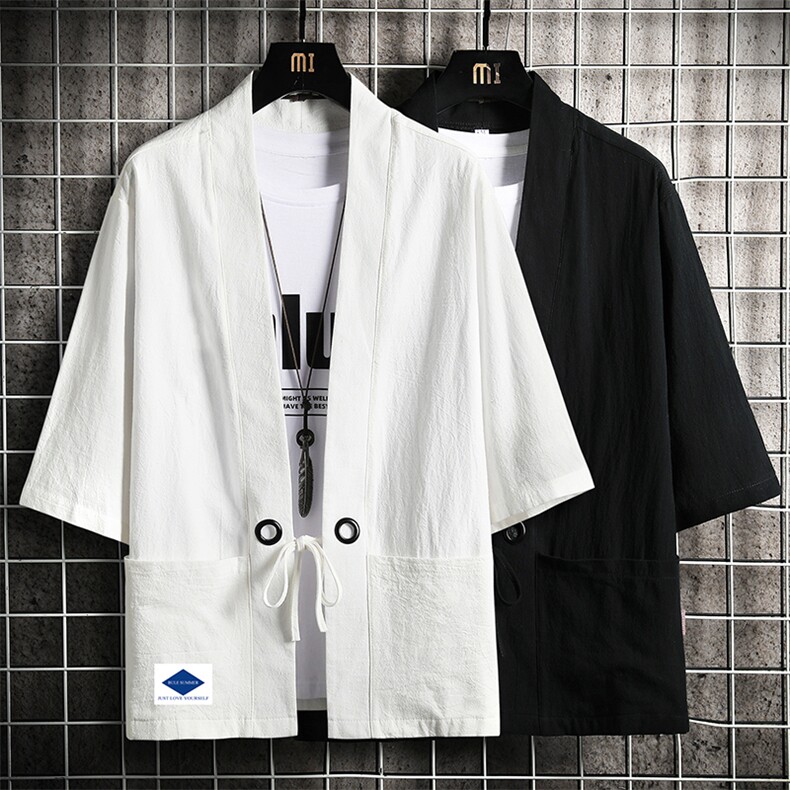 HF59061-P40风汉服男开衫外套七分袖道袍网格挂拍,男装民族服装,电商A040A