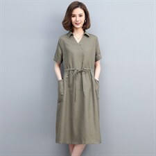 夏季棉麻中长连衣裙V领宽松显瘦系带真口袋咖啡中年妈妈大码裙子,女装连衣裙,丽影随形