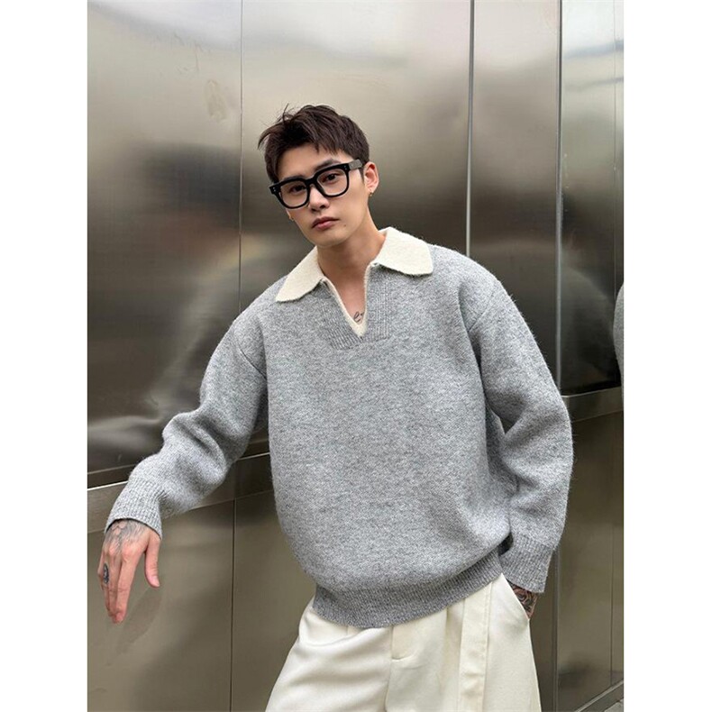 重磅北极绒假两件衬衫领毛衣美式高街复古休闲慵懒纯色翻领针织衫，男装针织衫/毛衣，电商A486