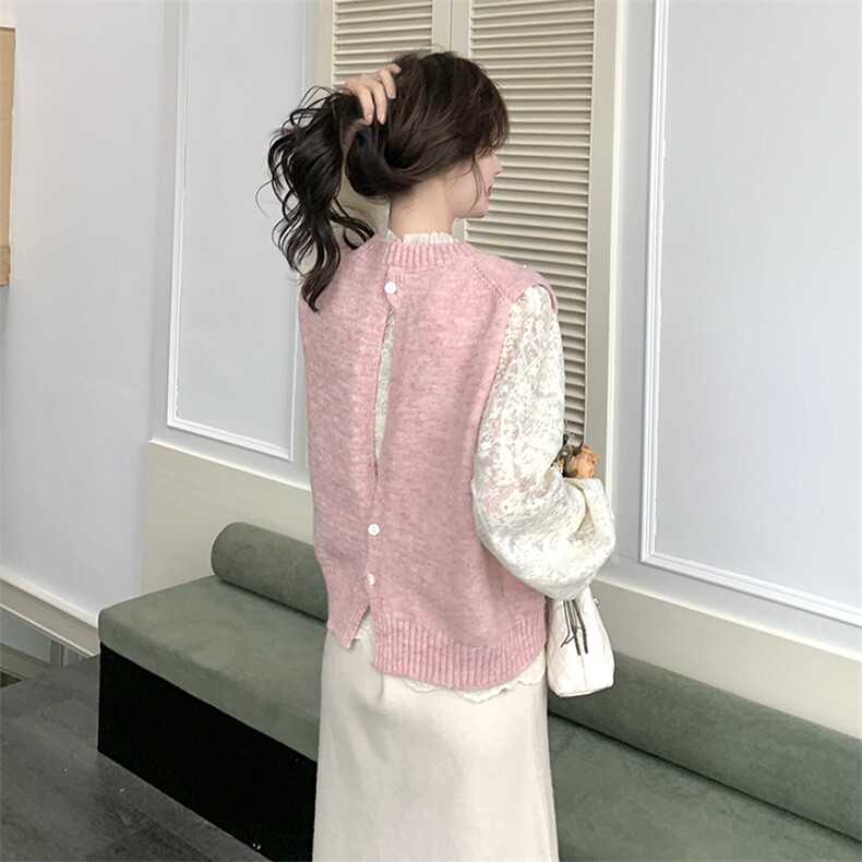 韩系甜美蕾丝上衣女2025早春新款针织马甲镂空打底衫潮,女装马甲,维壹