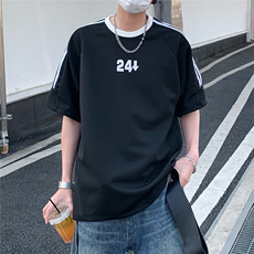 2026夏装新款薄款织带拼接短袖印花五分袖T恤T6606/特P30黑色，男装T恤，电商A094