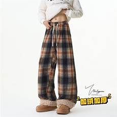 冬季潮流黑咖格宽松休闲加厚外穿棉裤情侣款格子拼羊羔绒休闲裤子，男装棉裤，星座302B-2