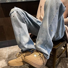 泼墨破洞牛仔裤男美式复古高街hiphop街头阔腿休闲裤子EN023-P45，男装牛仔裤，星座1008-1