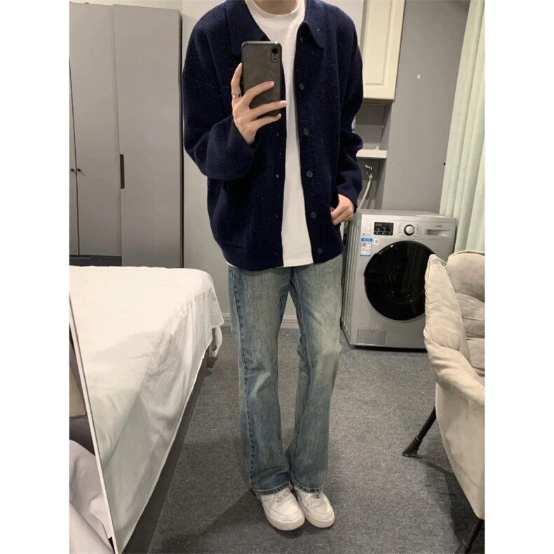 早秋新款藏青色开衫翻领毛衣休闲chic简约文艺纽扣针织衫男,男装针织衫/毛衣,星座1013-1