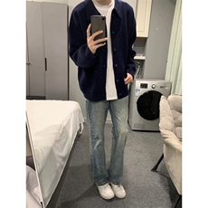 早秋新款藏青色开衫翻领毛衣休闲chic简约文艺纽扣针织衫男，男装针织衫/毛衣，星座1013-1