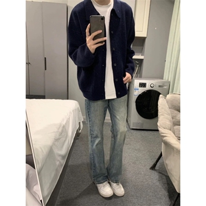 早秋新款藏青色开衫翻领毛衣休闲chic简约文艺纽扣针织衫男图片