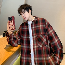 衬衫男秋季新款港风宽松大码磨毛格子长袖衬衣CS2018-P35，男装衬衫，星座214-3