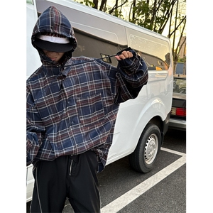 XZ1005-1-TTH0063-批60--高街潮牌撞色连帽设计感长袖格子衬衫图片