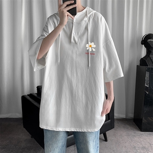LD54059-P45 连帽短袖t恤男大码胖子带帽五分袖中袖图片