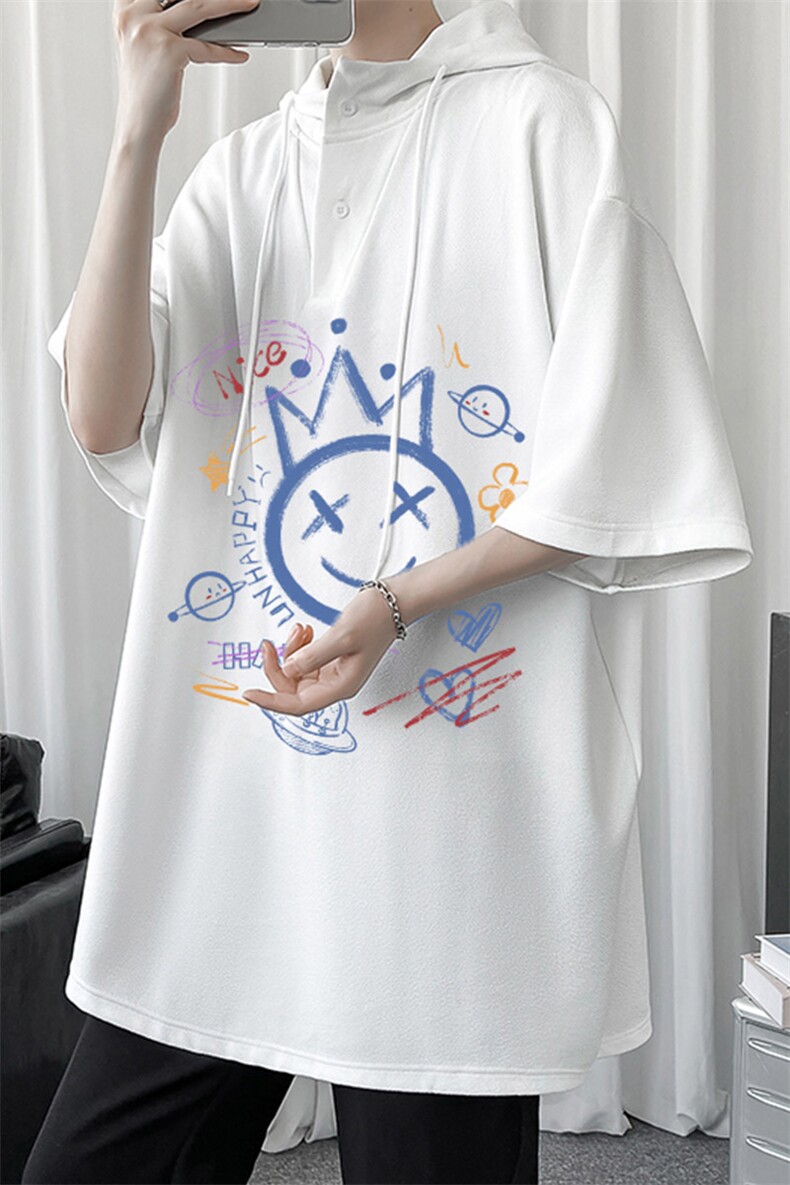 LD54180-P45连帽短袖t恤男大码胖子带帽五分袖中袖,男装T恤,电商A040