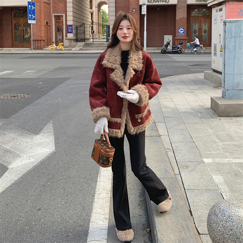 红麂皮绒皮毛一体外套女2024冬季新款加厚保暖羊羔毛棉服,女装皮草,2C098