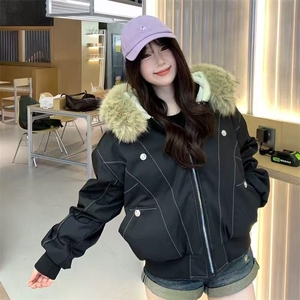 现货重磅boxy短款棉衣座山雕大毛毛领男女棉服水洗工装厚外套图片