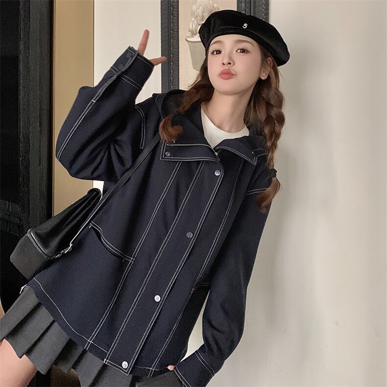 韩版盐系学院风连帽外套女2025春秋季新款宽松显瘦大翻领夹克上衣,女装风衣,2C372