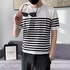 条纹针织冰丝t恤男短袖夏季薄款透气圆领半截袖体恤潮流修身帅气，男装T恤，星座1013