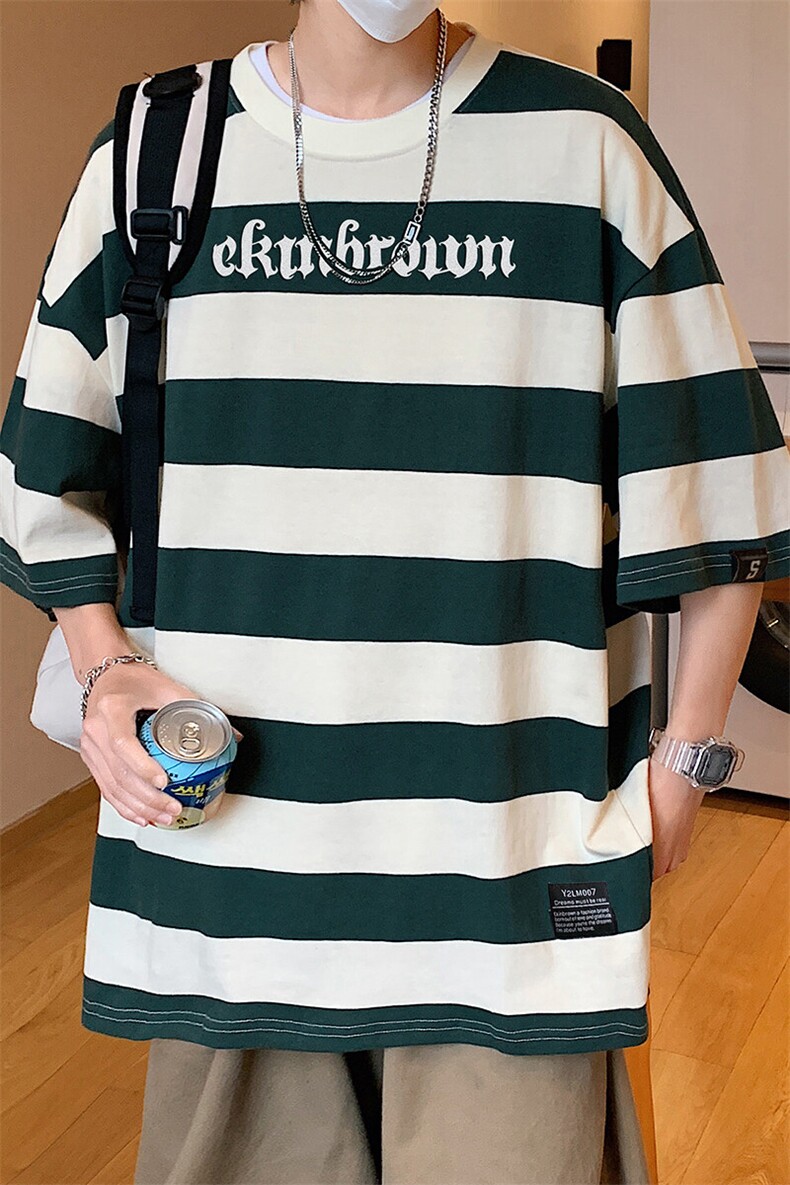 1港风美式字母印花设计大码M-5XL潮条纹短袖T恤男77023P35控58,男装T恤,星座226-2