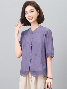 长期有货新款中式刺绣冰丝小衬衫上衣女中老年妈妈装时尚T恤女图片