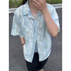 薄荷漫波扎染短袖衬衫男款夏季薄款冰丝速干衬衣海岛风夏威夷外套，男装T恤，星座301C-5