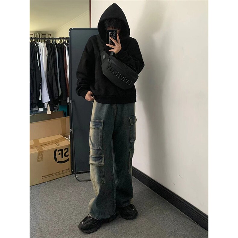 B221美式ins高街重工艺宽松做旧工装牛仔裤子LK23143-P80控108,男装牛仔裤,电商B221