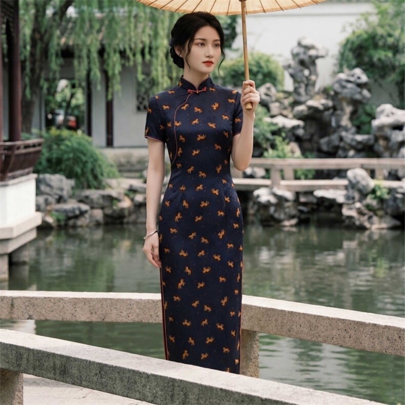 夏季新品时尚气质金丝提花香云纱品质真丝喜庆中长款旗袍裙，女装汉服/婚纱/旗袍/礼服，媚琳依坊