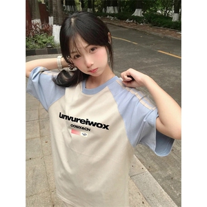 抖音得物品质二开240克宽松纯棉美式潮牌插肩三杠织带短袖T恤图片