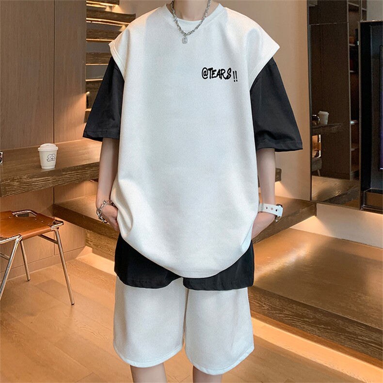 直播美式麂皮绒宽松背心无袖t恤短裤大码两件套套装TZ33-P58,男装T恤,电商A486