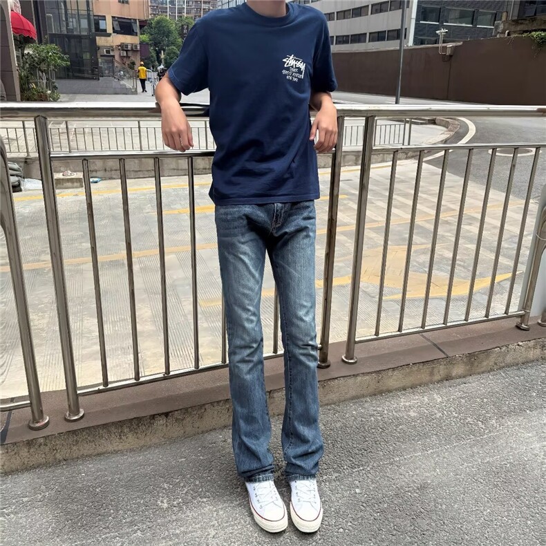 蓝色窄版直筒牛仔裤男秋季美式高街显腿长裤子vibe弹力修身微喇裤,男装牛仔裤,星座603-2