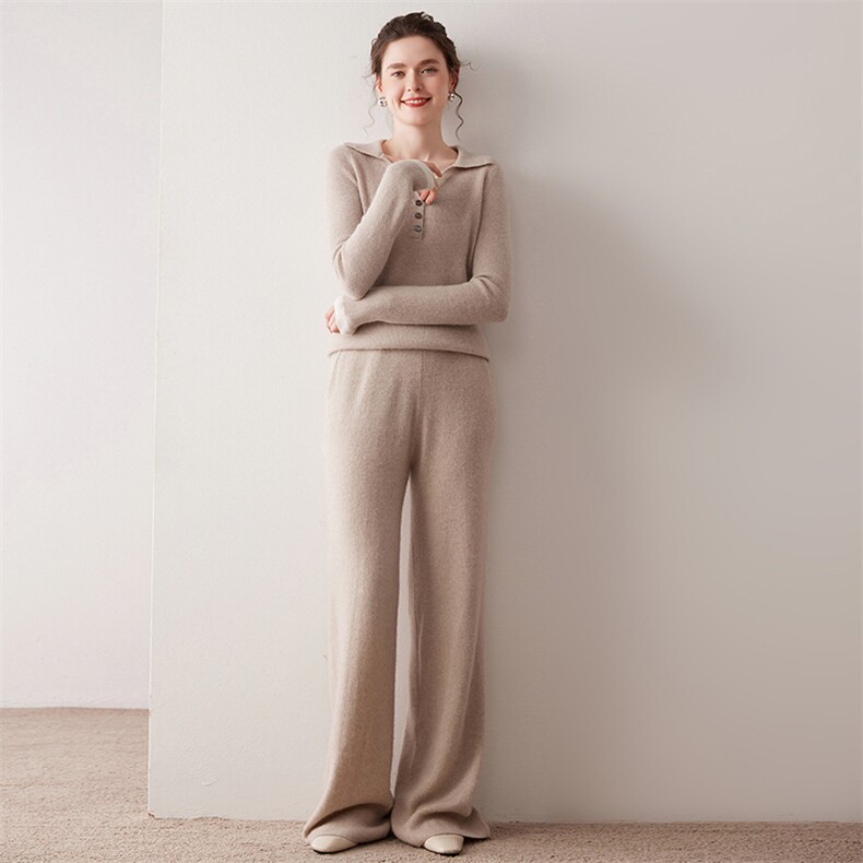 2025年秋季新款百搭女士翻领抽条裤子套装，女装套装/套裙，尚达羊绒