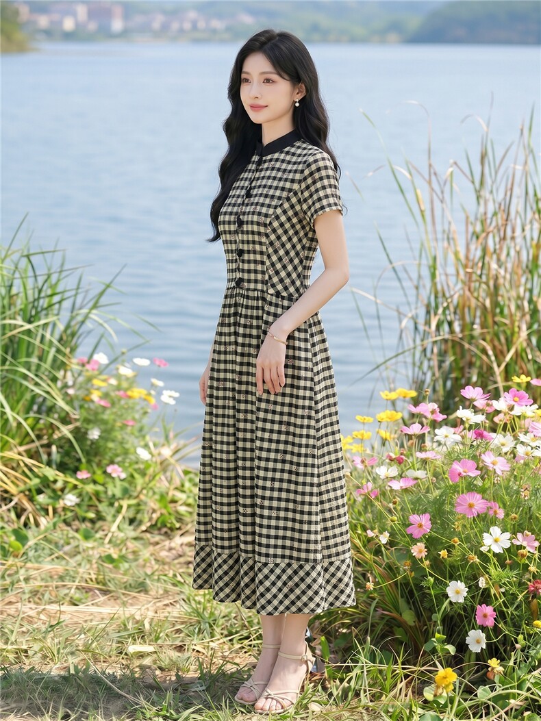 弹力面料学院风格纹连衣裙女春夏收腰显瘦中长裙格子裙子,女装连衣裙,水衣源
