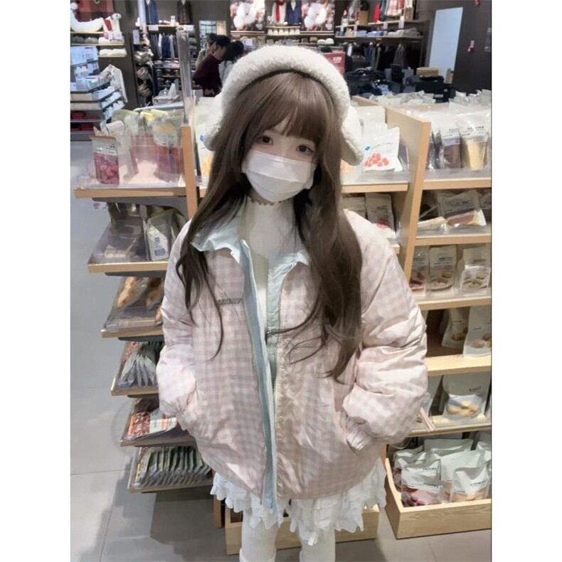 学院风撞色polo领双面穿棉服女冬季新款拼接格纹百搭保暖棉衣外套，男装夹克，星座506A