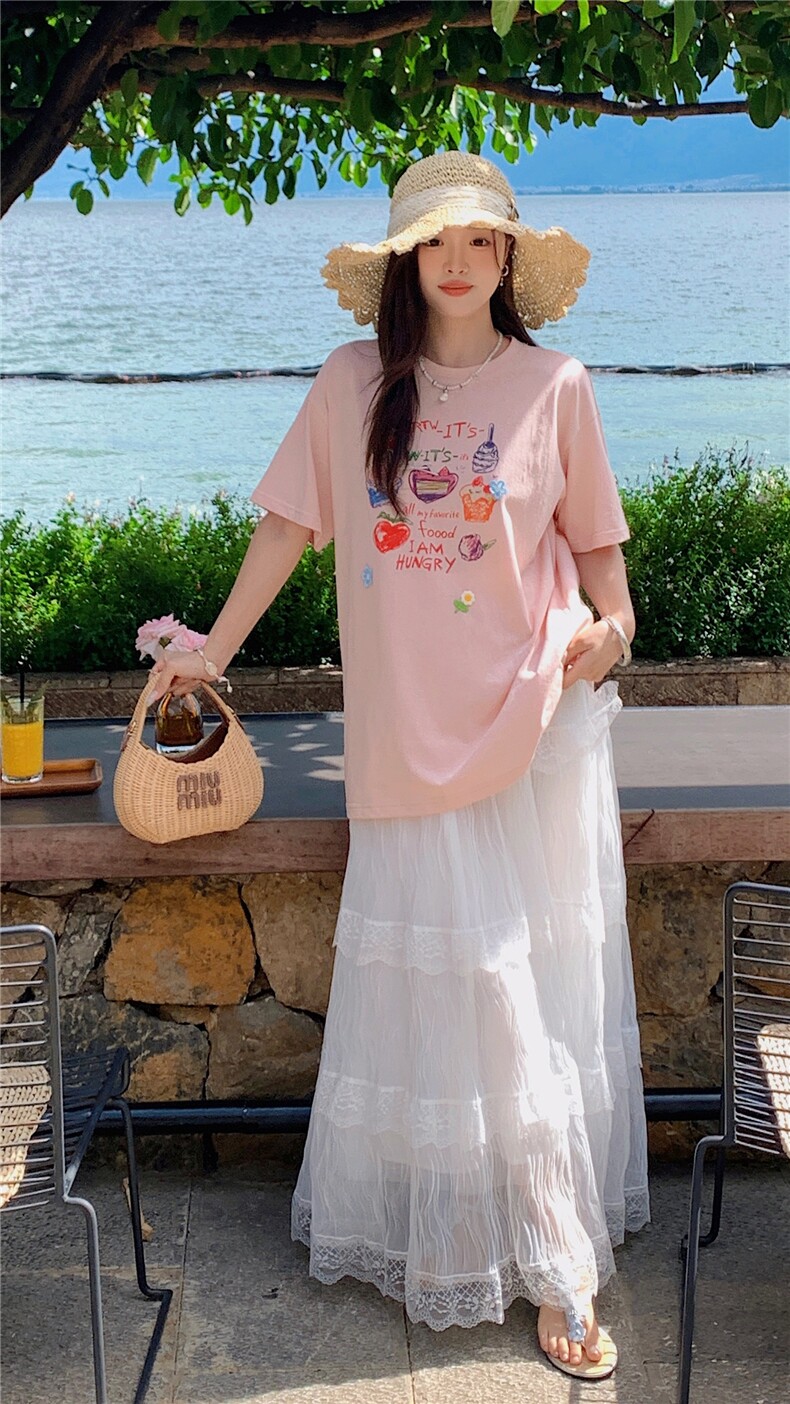 休闲减龄短袖T恤套装裙女2025夏季新款时尚蕾丝花边半身裙两件套,女装连衣裙,2D008