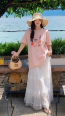 休闲减龄短袖T恤套装裙女2025夏季新款时尚蕾丝花边半身裙两件套，女装连衣裙，2D008