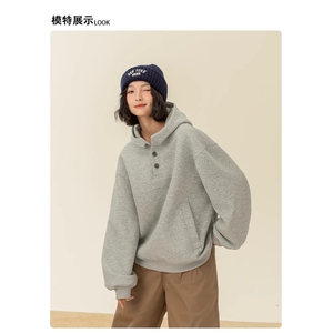 美式重磅复古纯棉纽扣连帽卫衣男秋冬加绒宽松痞帅港风学生外套潮图片
